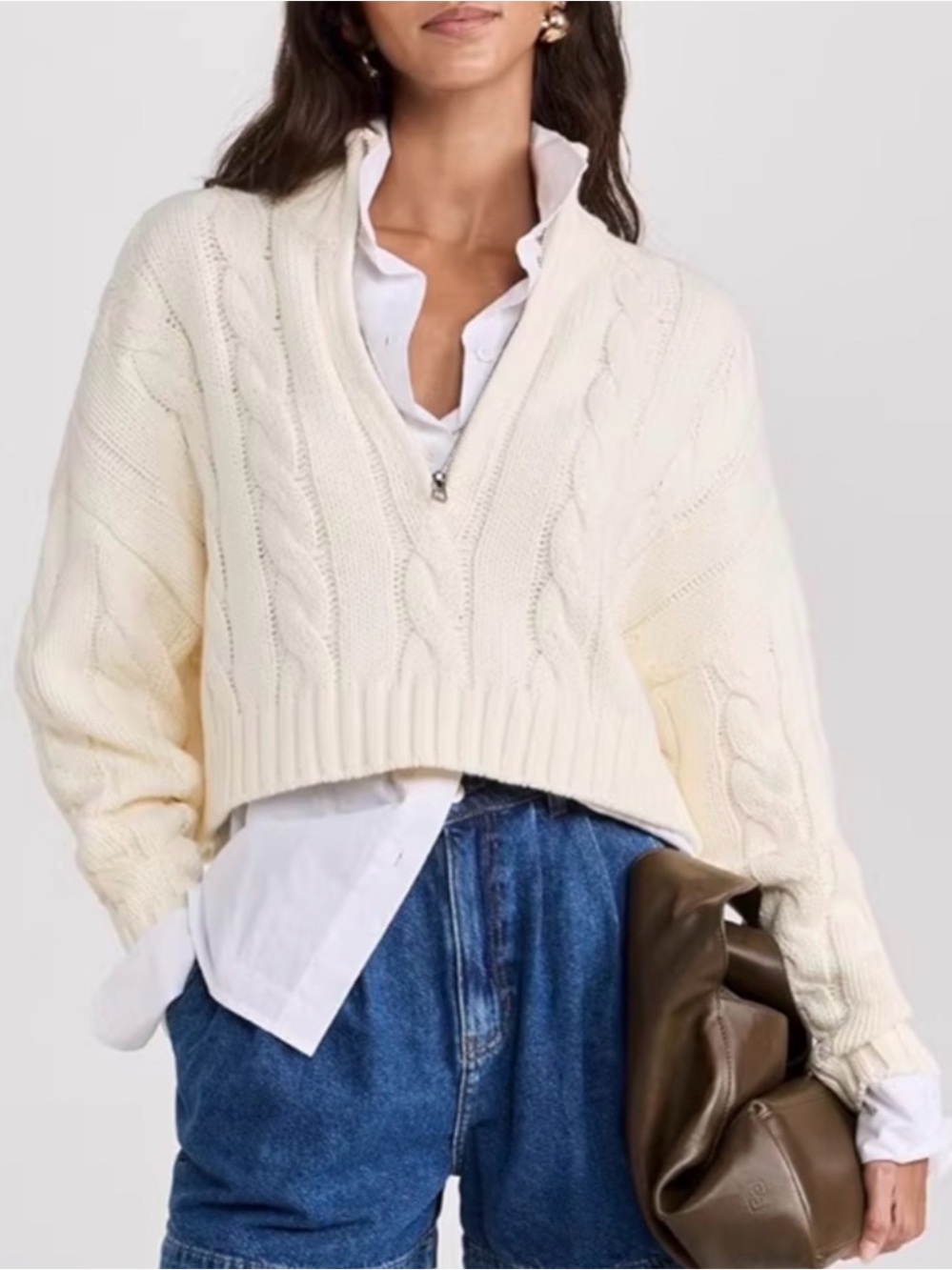STAUD Women’s Ivory Cable-Knit 1/4 Zip Mock Neck Pullover Sweater M